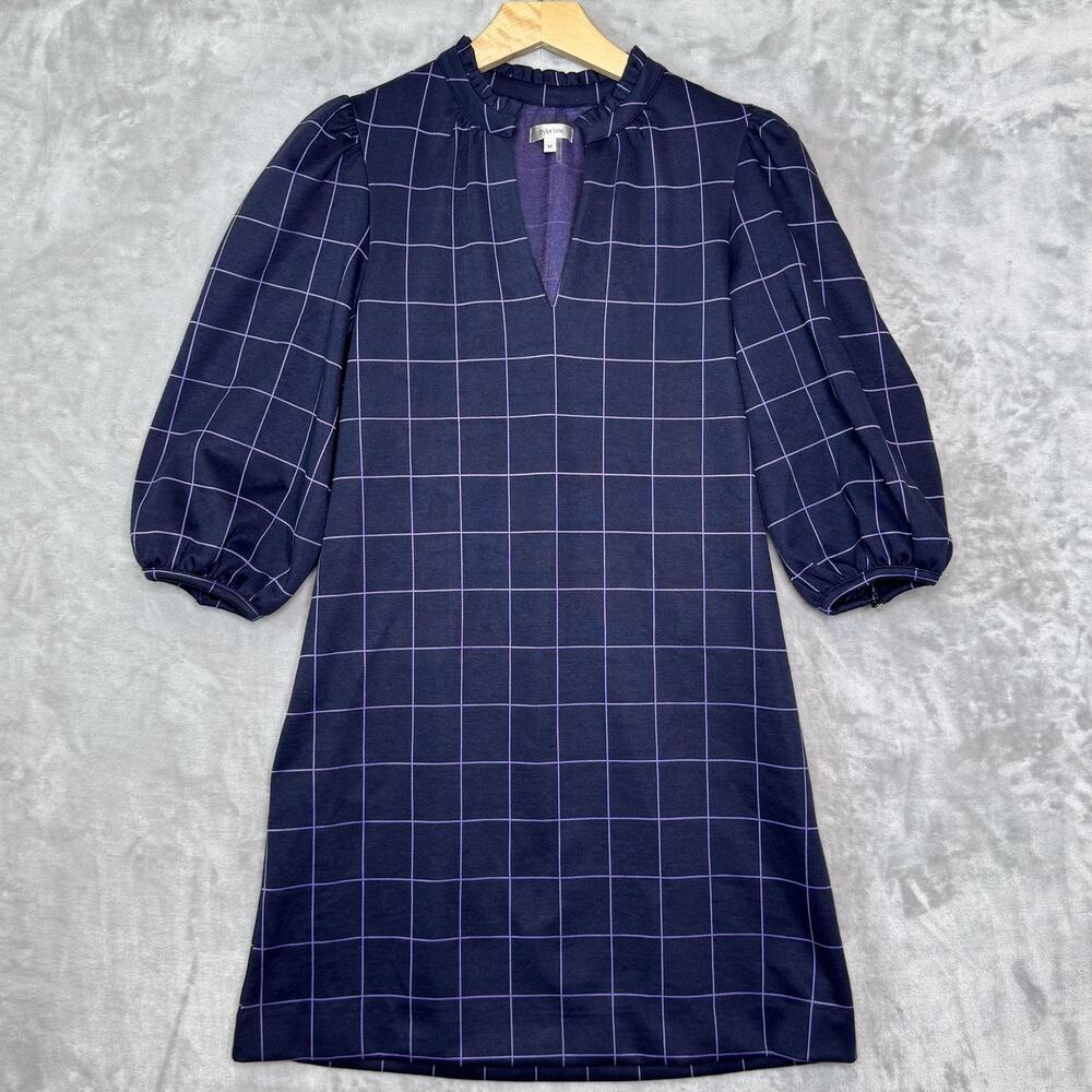 Tyler Boe Dress Womens Medium Blue Windowpane Check Puff Sleeve Shift Modern